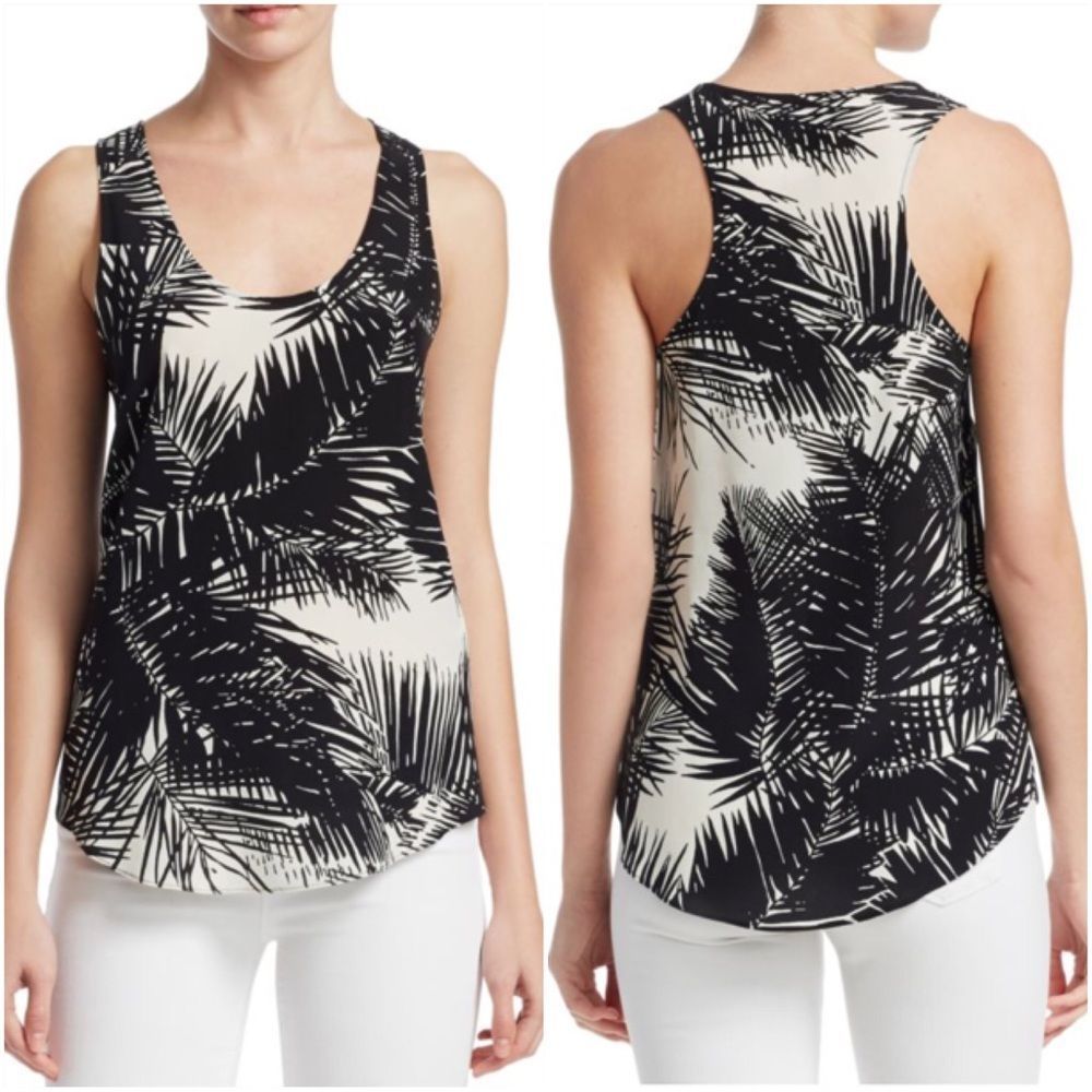 Theory Silk Palm Print Tank Top Black White
